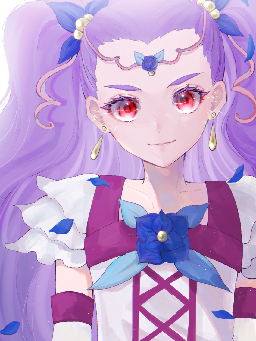 1girl absurdres ap_(pixiv74197750) blue_bow bow closed_mouth collarbone earrings hair_bow highres jewelry long_hair looking_at_viewer milky_rose petals precure purple_hair red_eyes shirt smile solo twintails upper_body very_long_hair white_shirt yes!_precure_5 yes!_precure_5_gogo!