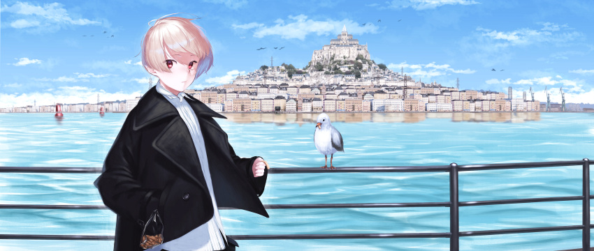 1girl bird black_jacket blonde_hair blue_sky building buoy city closed_mouth cloud collared_shirt commentary_request day feeding fuurin_sou highres jacket leaning_on_rail long_sleeves looking_at_viewer ocean original outdoors red_eyes seagull shirt short_hair sky sleeves_past_wrists solo upper_body white_shirt