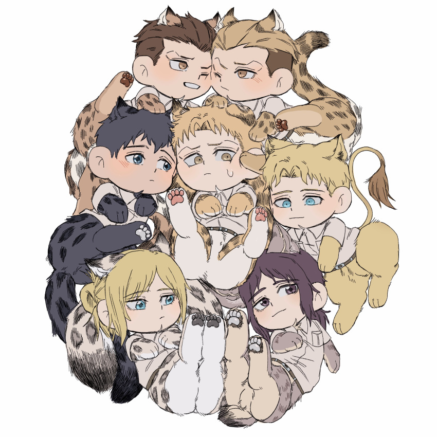 2boys 5boys absurdres animal_ears animal_feet animal_hands annie_leonhardt bertolt_hoover blonde_hair blue_eyes blush brothers brown_hair cheek-to-cheek chibi from_above heads_together highres jaguar_boy jaguar_ears jaguar_girl jaguar_tail kemonomimi_mode lion_boy lion_ears lion_tail marcel_galliard marley_military_uniform multiple_boys pieck_finger porco_galliard reiner_braun shingeki_no_kyojin short_hair siblings smile tail tiger_boy tiger_ears tiger_tail zeke_yeager zunkome