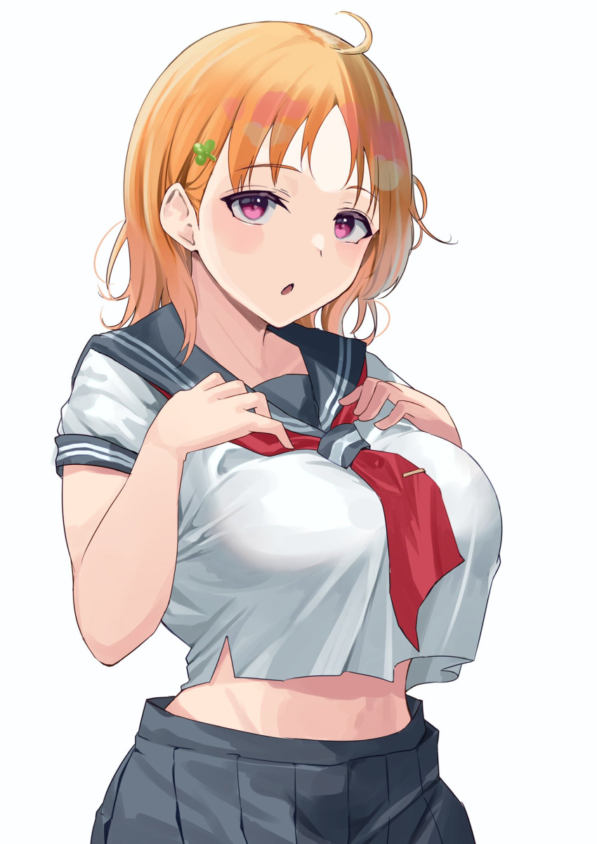 1girl breasts clover_(flower) clover_hair_ornament curvy flower grey_skirt hair_ornament hands_on_own_chest highres huge_breasts large_breasts looking_at_viewer love_live! love_live!_sunshine!! namazu_(yamasonson) open_mouth orange_hair plump red_eyes school_uniform shirt short_hair skirt solo takami_chika uranohoshi_school_uniform white_shirt