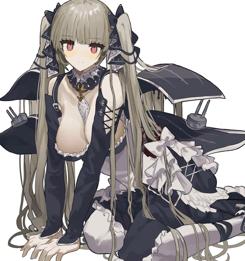 absurdres anti-aircraft anti-aircraft_gun azur_lane between_breasts black_dress black_nails blush bow_dress braid braided_bun breasts cleavage dress eyebrows_visible_through_hair feather_dress flight_deck formidable_(azur_lane) frilled_dress frills grey_hair highres huge_breasts large_breasts long_hair looking_at_viewer pantyhose platinum_blonde_hair red_eyes ribbon tachibana_wataru_(123tsuki) twintails two-tone_dress two-tone_ribbon very_long_hair white_legwear