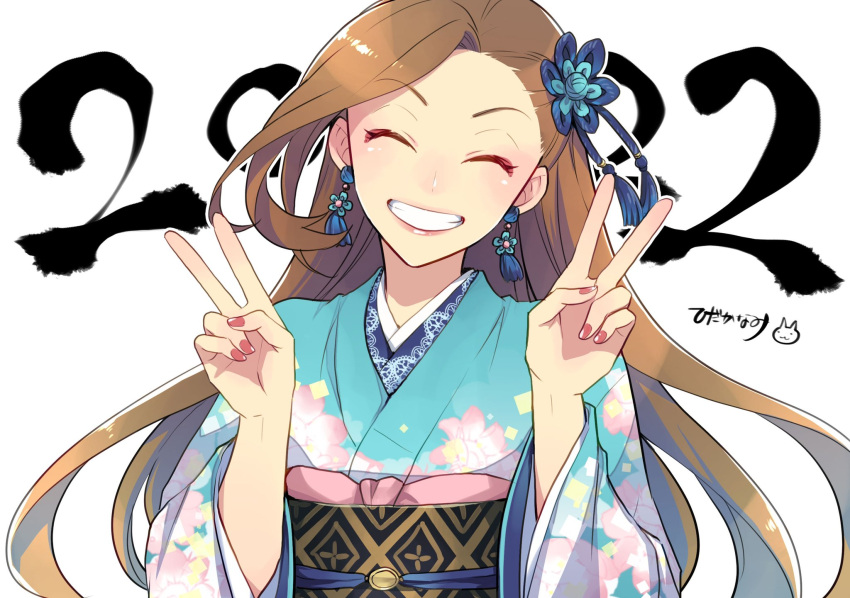 1girl alternate_costume artist_name asymmetrical_bangs background_text bangs blue_kimono closed_eyes commentary_request double_v earrings facing_viewer floral_print furisode grin hair_ornament hidakanami highres japanese_clothes jewelry katarina_claes kimono lips long_hair long_sleeves new_year obi otome_game_no_hametsu_flag_shika_nai_akuyaku_reijou_ni_tensei_shite_shimatta print_kimono sash signature smile solo upper_body v wide_sleeves