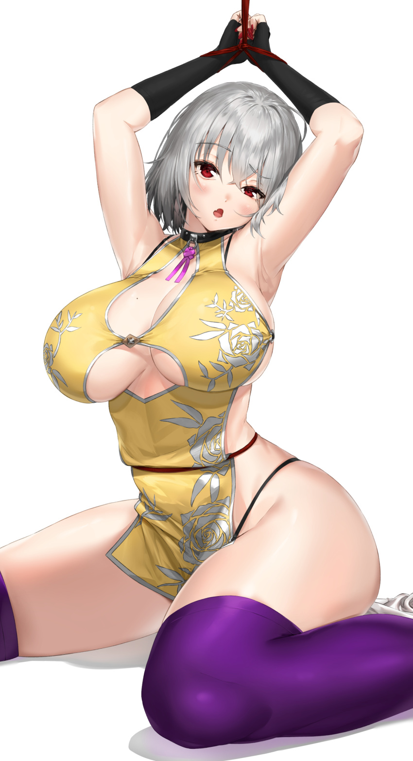 1girl absurdres armpits arms_up bangs black_gloves blush bound bound_wrists breasts china_dress chinese_clothes cleavage dress fang fingerless_gloves gloves highres large_breasts looking_at_viewer mole mole_on_breast open_mouth original pixel_(yuxian) purple_legwear red_eyes rope short_hair silver_hair simple_background sitting solo thighhighs wariza white_background
