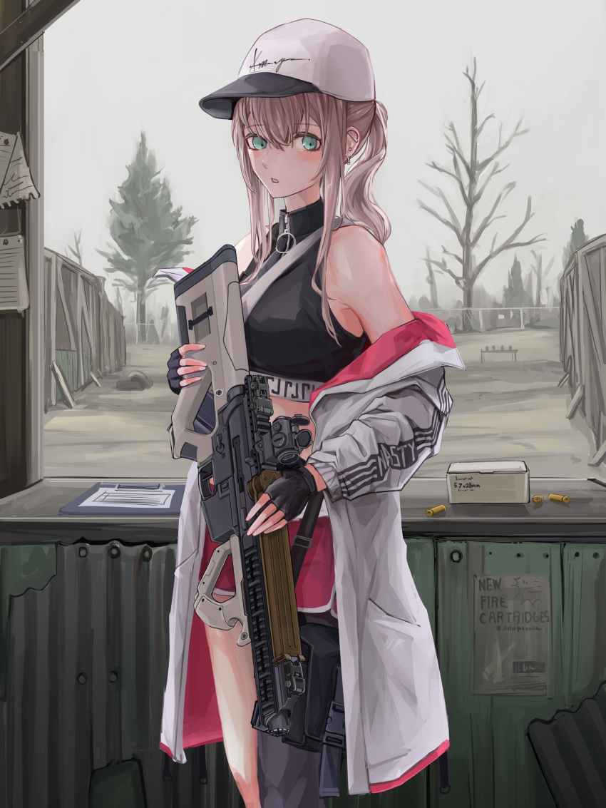 1girl :o absurdres aqua_eyes ar-57 ar-57_(girls'_frontline) assault_rifle bangs black_gloves black_tank_top blonde_hair bullet crop_top eye_piercing eyebrows_visible_through_hair feet_out_of_frame fingerless_gloves girls'_frontline gloves gun hair_between_eyes highres holding holding_gun holding_weapon jacket jacket_pull lithographica long_hair looking_at_viewer off_shoulder open_clothes open_jacket open_mouth pink_shorts revision rifle scenery shorts solo standing tank_top tree weapon white_headwear white_jacket