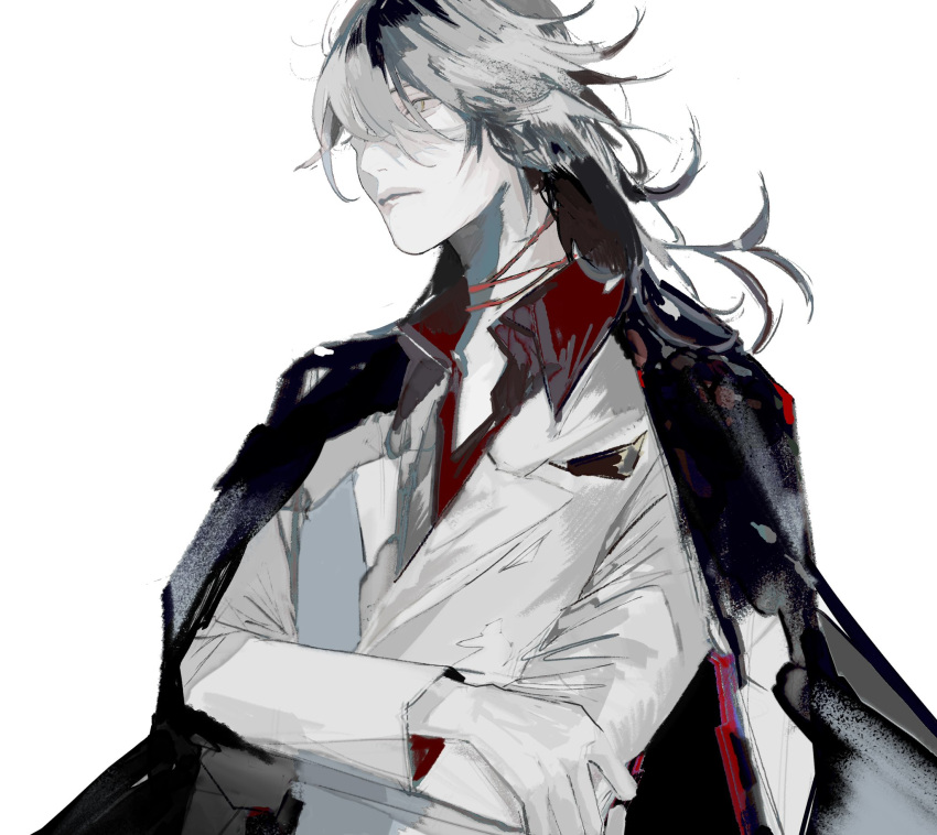 1boy black_hair choker closed_mouth dodo_o_u formal grey_background grey_eyes grey_hair handkerchief highres jacket jacket_on_shoulders long_hair male_focus multicolored_hair nijisanji nijisanji_en red_choker simple_background solo suit virtual_youtuber vox_akuma white_suit