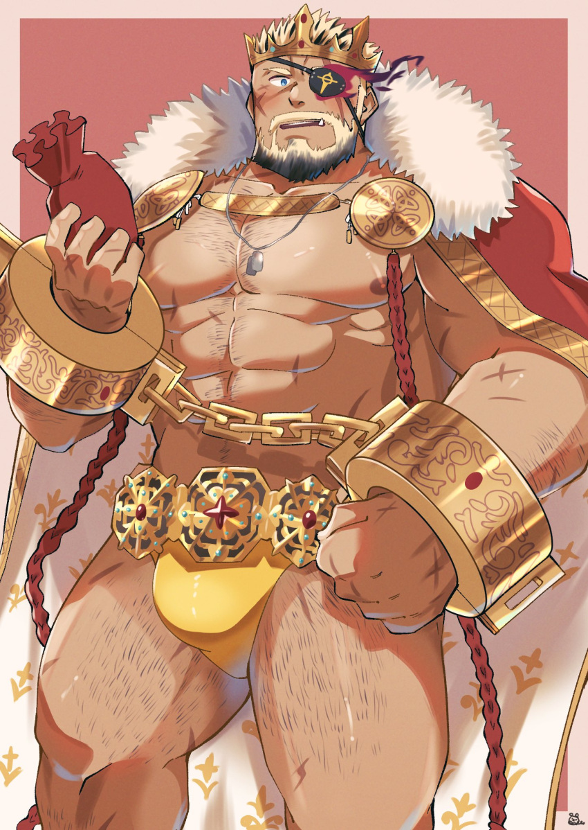 1boy balor_(housamo) bara beard black_hair blonde_hair blue_eyes cape chain chest_hair cowboy_shot crown cuffs dog_tags eyepatch facial_hair flaming_eye fur-trimmed_cape fur_trim gold_chain gold_trim head highres large_pectorals leg_hair looking_at_viewer male_focus male_underwear mature_male multicolored_hair muscular muscular_male pectorals red_background sawch_cls scar scar_across_eye scar_on_arm scar_on_chest scar_on_face shackles short_hair simple_background solo thick_thighs thighs tokyo_afterschool_summoners tusks two-tone_hair underwear yellow_male_underwear