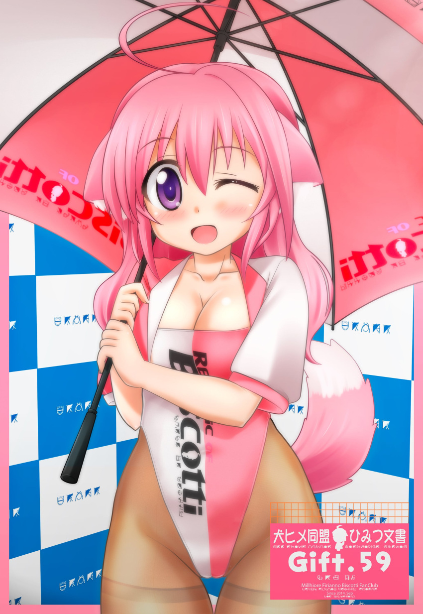 1girl absurdres animal_ears blazer checkered_background commentary_request dog_days dog_ears dog_girl highleg highleg_leotard highres jacket koyomisa leotard millhiore_f._biscotti one_eye_closed open_mouth pantyhose pink_hair pink_leotard purple_eyes race_queen smile solo standing tail tail_raised thighband_pantyhose umbrella white_leotard