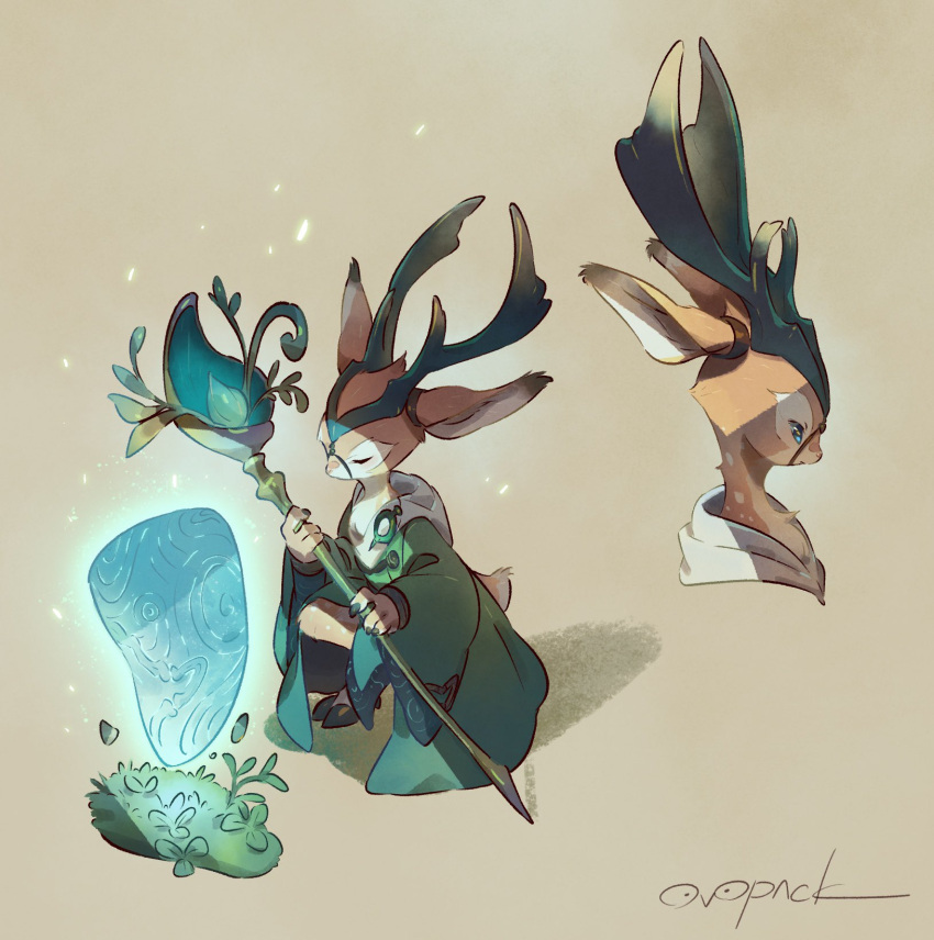 2021 ambiguous_gender anthro antlers blue_eyes cervid clothed clothing crouching eyes_closed hi_res horn magic_user mammal ovopack side_view solo