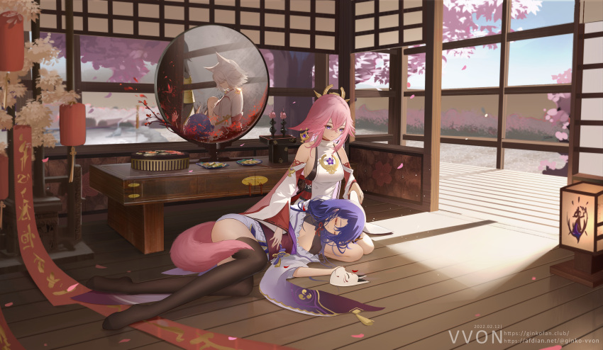 3girls absurdres animal_ears architecture artist_name bangs banner black_legwear cherry_blossoms crossed_bangs dated day detached_sleeves earrings east_asian_architecture fox_ears fox_mask fox_tail genshin_impact hair_between_eyes hair_ornament hand_on_another's_stomach highres interior japanese_clothes jewelry kimono kitsune_saiguu lantern lap_pillow long_hair looking_at_another lying mask miko mirror mirror_image multiple_girls obi on_side paper_lantern petals pink_hair pond purple_hair purple_kimono raiden_shogun reflection sash scenery seiza short_hair sitting sleeping smile table tail thighhighs tree v-von vision_(genshin_impact) white_hair wooden_floor yae_miko