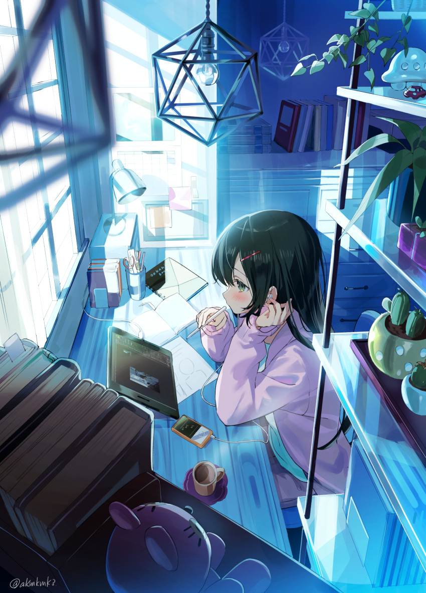 1girl akamoku bangs banned_artist black_hair black_pants blush book cactus ceiling_light cellphone charger commentary_request cup curtains day doily drawing_tablet earbuds earphones eyebrows_visible_through_hair from_side green_eyes hair_between_eyes hair_ornament hairclip highres indoors jacket lamp long_hair long_sleeves mug notebook open_clothes open_jacket original pants phone pink_jacket plant potted_plant profile puffy_long_sleeves puffy_sleeves shelf shirt sitting sleeves_past_wrists solo stuffed_animal stuffed_toy sunlight toy_car very_long_hair white_shirt window