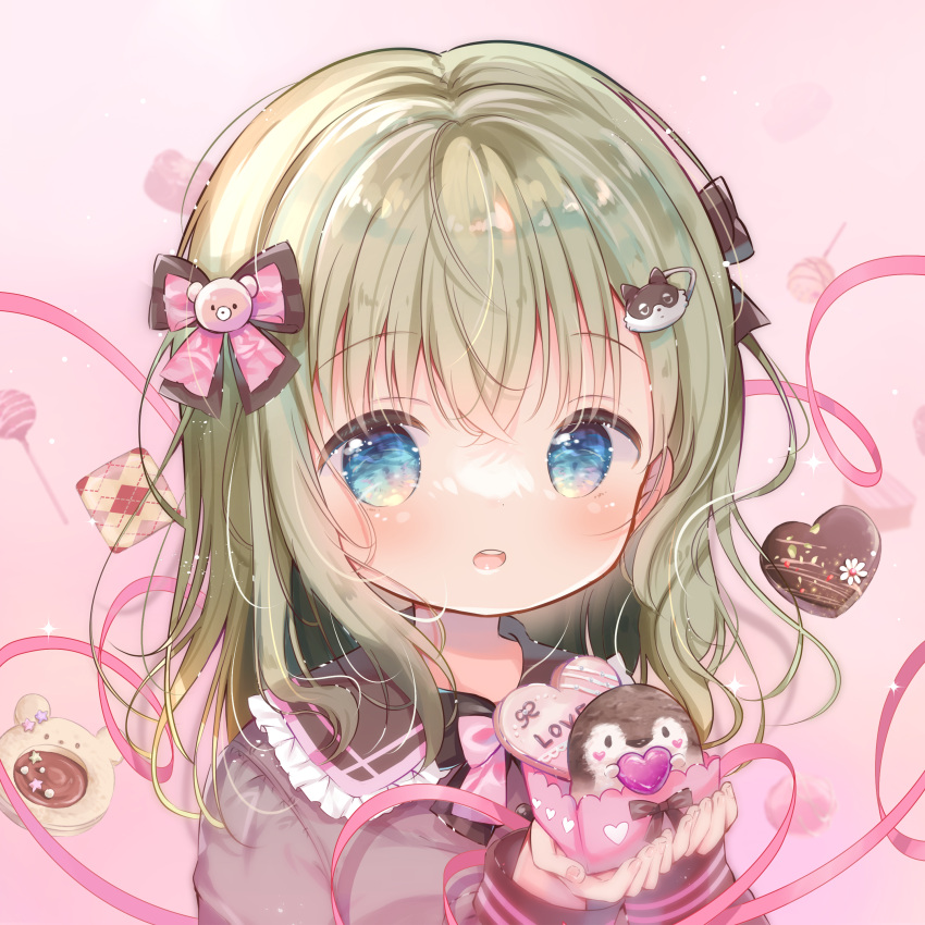 1girl absurdres bangs black_sailor_collar blue_eyes candy chocolate eyebrows_visible_through_hair food frilled_sailor_collar frills green_hair grey_shirt hair_between_eyes hands_up heart heart-shaped_chocolate highres holding holding_food lollipop long_hair long_sleeves looking_at_viewer open_mouth original pink_background rin_(fuwarin) sailor_collar shirt simple_background solo teeth upper_body upper_teeth valentine