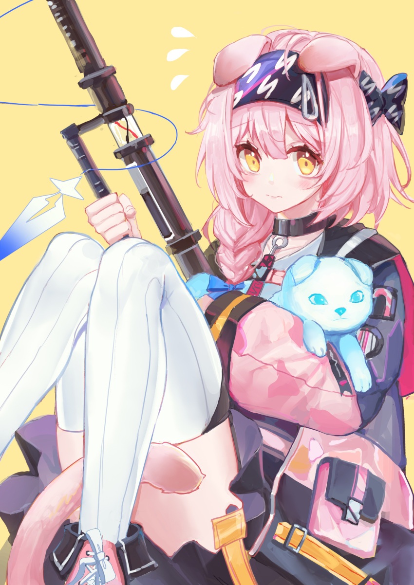 1girl absurdres animal animal_ears arknights bangs black_hairband black_skirt blue_bow blush bow braid cat cat_ears cat_girl cat_tail closed_mouth coat eyebrows_visible_through_hair feet_out_of_frame flying_sweatdrops goldenglow_(arknights) hair_bow hairband highres holding holding_animal holding_cat holding_staff knees_up lightning_bolt_print long_hair long_sleeves looking_at_viewer luren_max miniskirt pink_hair purple_coat scottish_fold side_braid simon_(ttgl) simple_background sitting skirt solo staff striped striped_legwear tail thighhighs vertical-striped_legwear vertical_stripes white_legwear yellow_background yellow_eyes