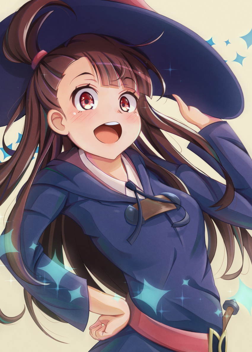 1girl absurdres adjusting_clothes adjusting_headwear arm_up bangs belt blue_headwear blunt_bangs blush brown_hair clothing_request commentary_request cowboy_shot eyebrows_visible_through_hair gradient gradient_background hand_on_headwear hand_on_hip hat highres kagari_atsuko little_witch_academia long_hair long_sleeves looking_at_viewer luna_nova_school_uniform madabau open_mouth red_belt red_eyes school_uniform smile solo sparkle standing teeth upper_teeth witch_hat