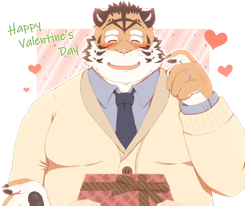 2022 anthro blush clothing eyes_closed felid gift hi_res holidays humanoid_hands ibuki_haruno kemono male mammal necktie overweight overweight_male pantherine shirt solo_focus tiger topwear valentine's_day