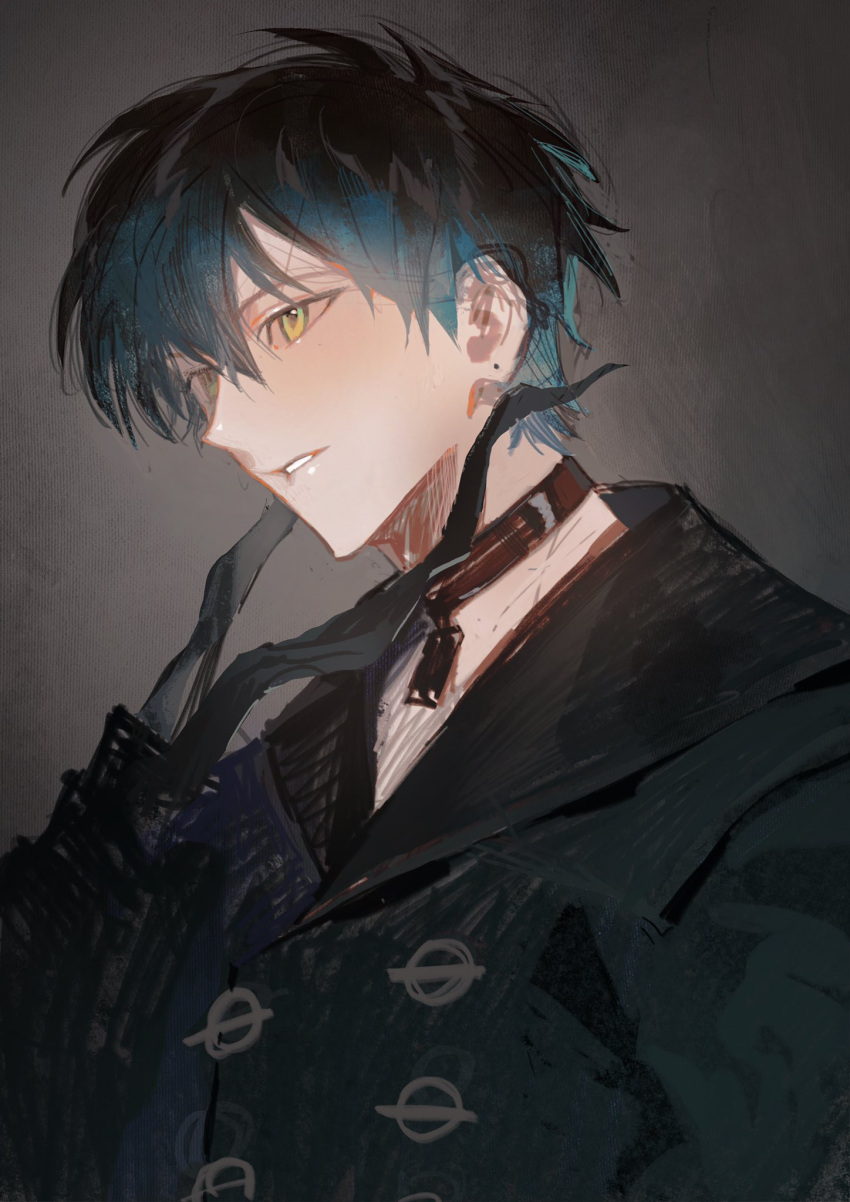 1boy black_hair black_jacket blue_hair blush brown_choker chinese_commentary choker cosplay gradient_hair hair_behind_ear highres holding_blindfold ike_eveland jacket kuku_(kuza0112) looking_ahead male_focus multicolored_hair nier_(series) nier_automata nijisanji nijisanji_en parted_lips smile solo virtual_youtuber yorha_no._9_type_s yorha_no._9_type_s_(cosplay)