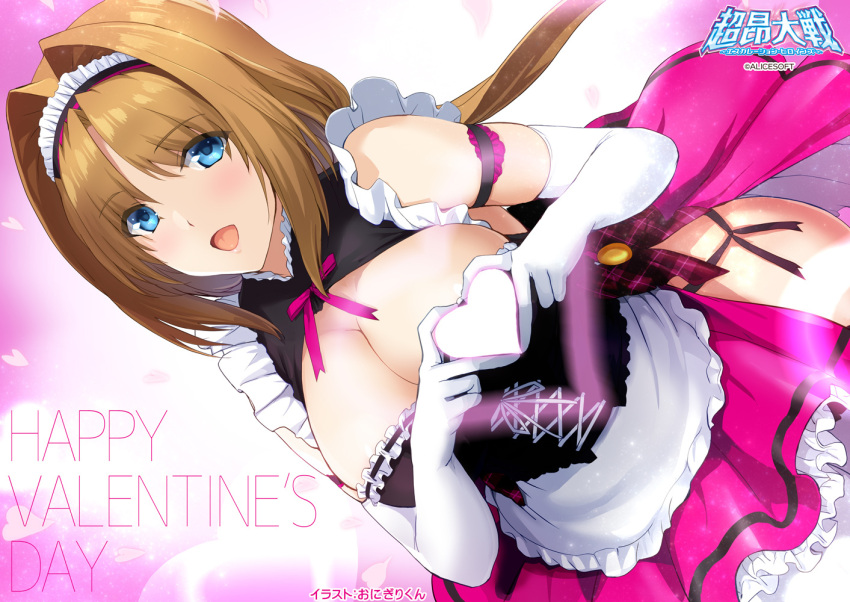 1girl alicesoft apron artist_name blue_eyes breasts brown_hair cleavage company_name copyright_name elbow_gloves escalation_heroines frilled_skirt frills gloves happy_valentine heart heart_hands large_breasts maid_apron maid_headdress official_art onigirikun purple_skirt short_hair skirt takamori_haruka valentine white_gloves