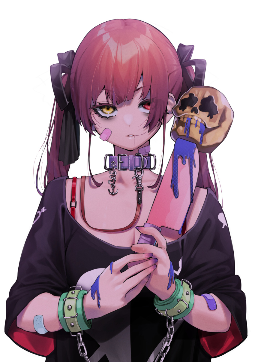 1girl absurdres animal_collar bandaid bandaid_on_arm bandaid_on_face bandaid_on_neck bangs black_ribbon black_shirt bound bound_wrists breasts chain cleaver collar commentary_request cuffs eyebrows_visible_through_hair hair_ribbon heterochromia highres holding holding_knife hololive houshou_marine knife leash long_hair mikan_(chipstar182) parted_lips purple_collar red_eyes red_hair ribbon shirt simple_background solo twintails upper_body virtual_youtuber white_background yellow_eyes