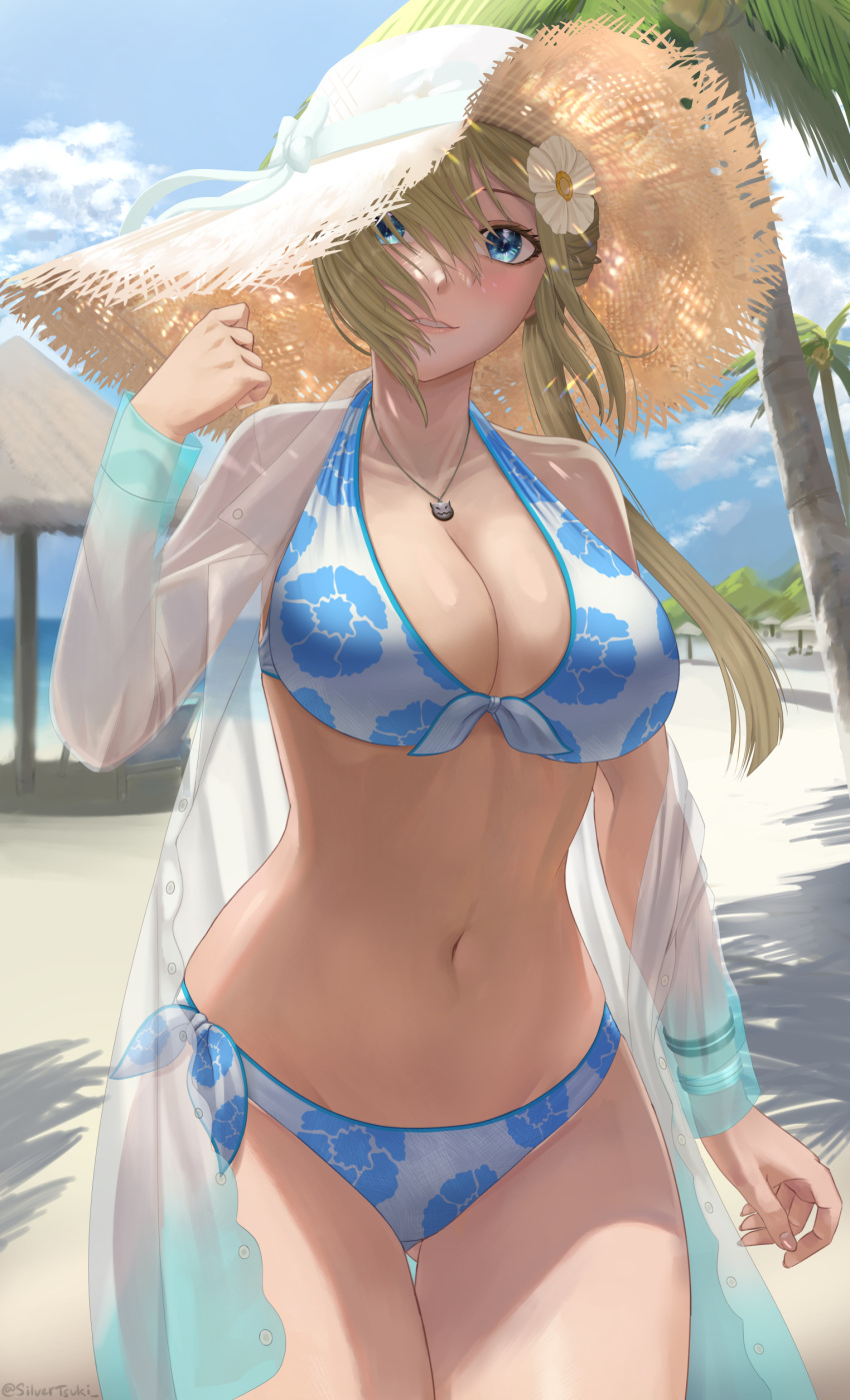 1girl absurdres ass_visible_through_thighs bare_shoulders beach bikini blonde_hair blue_eyes blush breasts cleavage collarbone cowboy_shot curvy floral_print front-tie_bikini front-tie_top halter_top halterneck hat highres jewelry large_breasts long_hair looking_at_viewer navel necklace see-through side-tie_bikini silvertsuki smile straw_hat swimsuit tales_of_(series) tales_of_the_abyss tear_grants thigh_gap wide_hips