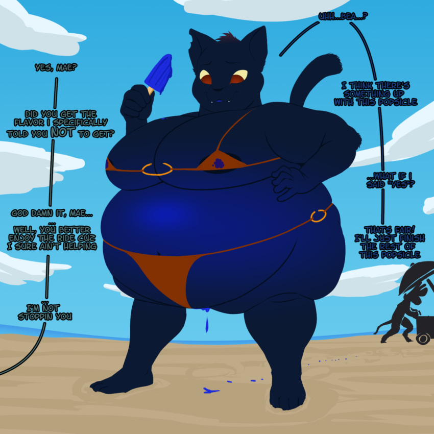 1:1 2021 4_toes 5_fingers anthro beach belly big_belly big_breasts bikini bikini_bottom bikini_top black_body black_fur blue_body blue_fur blue_glow blueberry_inflation breasts calorie clothing cloud dialogue domestic_cat eyebrows fangs feet felid feline felis female fingers food fur hair hand_on_stomach hi_res holding_food holding_object holding_popsicle leaking leaking_pussy looking_at_belly looking_down mae_borowski mammal navel night_in_the_woods outside overweight overweight_anthro overweight_female popsicle raised_tail sand seaside sky solo swimwear text toes video_games