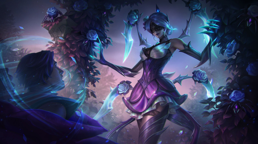 1boy 2girls arthropod_limbs bangs bare_shoulders blindfold breasts dress elise_(league_of_legends) english_commentary facing_another flower glowing hands_up highres large_breasts league_of_legends long_hair looking_at_another marie_magny multiple_girls official_alternate_costume outdoors pink_dress purple_lips short_dress short_hair smile teeth thighhighs withered_rose_elise