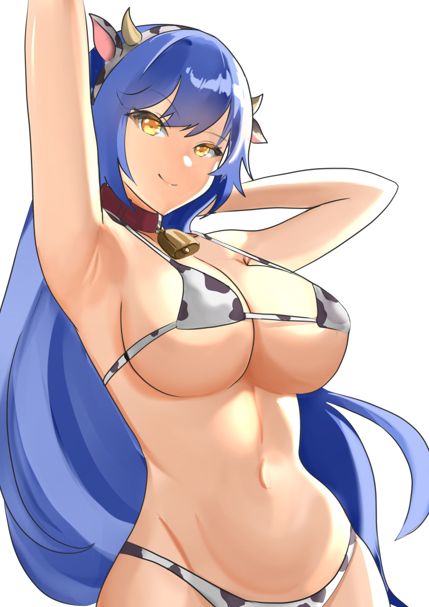 1girl absurdres animal_ears animal_print armpits arms_behind_head arms_up bangs bell bikini blue_hair breasts closed_mouth collar cow_ears cow_horns cow_print cowbell fake_animal_ears fake_horns girls'_frontline highres horns large_breasts long_hair looking_at_viewer navel neck_bell red_collar simple_background smile solo stomach strap_gap swimsuit tar-21_(girls'_frontline) tian_kazuki upper_body very_long_hair white_background yellow_eyes