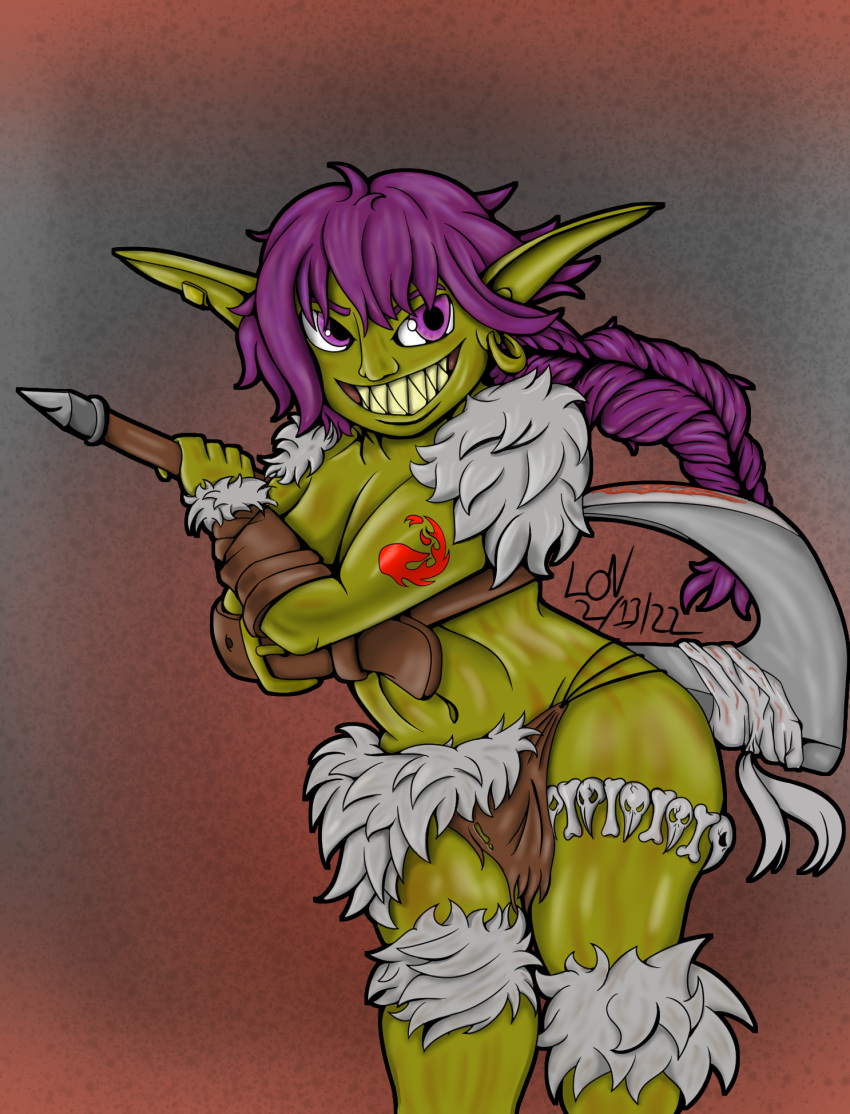 arm_tattoo belt belt_buckle big_breasts blood bodily_fluids bone bottomwear braided_hair braided_ponytail breasts clothing ear_piercing ear_ring female goblin green_body green_skin hair hasbro hi_res horn humanoid loincloth lordofnothin1 magic:_the_gathering navel piercing purple_eyes purple_horn sharp_teeth solo tattoo teeth token wizards_of_the_coast