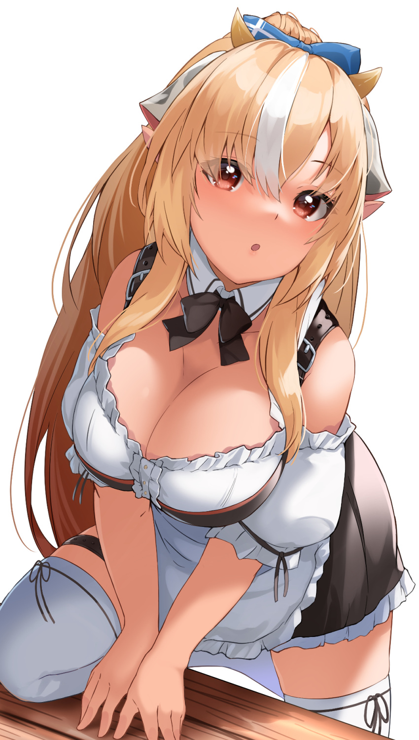 1girl :o alternate_costume apron bare_shoulders blonde_hair bow bowtie breasts center_frills cleavage detached_collar dress enatsu frills hair_between_eyes highres hololive knee_up large_breasts leaning_on_table long_hair looking_at_viewer maid multicolored_hair off_shoulder orange_eyes panty_straps pointy_ears ponytail shiranui_flare short_dress sidelocks simple_background skirt solo streaked_hair suspender_skirt suspenders thighhighs v_arms very_long_hair virtual_youtuber white_background white_hair white_legwear zettai_ryouiki