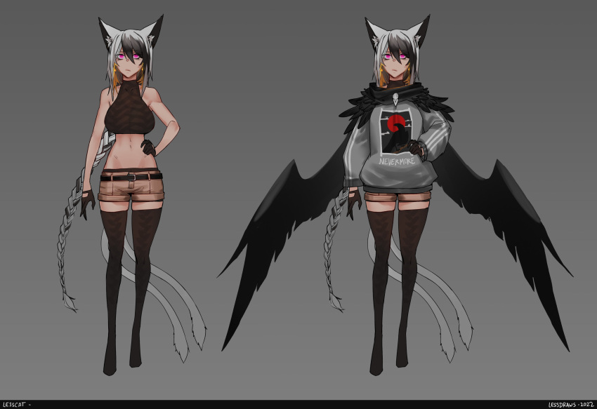 1girl :/ absurdres animal_ear_fluff animal_ears bangs bare_arms bare_shoulders beige_shorts belt black_belt black_gloves black_hair black_legwear black_wings blonde_hair braid cat_ears cat_tail clothes_writing commentary english_commentary full_body gloves grey_background grey_hair grey_jacket hair_between_eyes halterneck hands_on_hips highres jacket less long_braid long_hair long_sleeves midriff multicolored_hair multiple_tails multiple_views no_shoes original pink_eyes shorts simple_background tail the_raven thighhighs two_tails very_long_hair wings