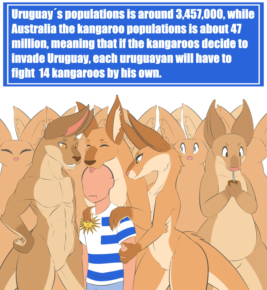 absurd_res anthro breasts digital_media_(artwork) english_text eyes_closed fantasy000 female flag group hi_res human humor imminent_sex kangaroo long_ears macropod male mammal many marsupial smile text uruguay wide_hips