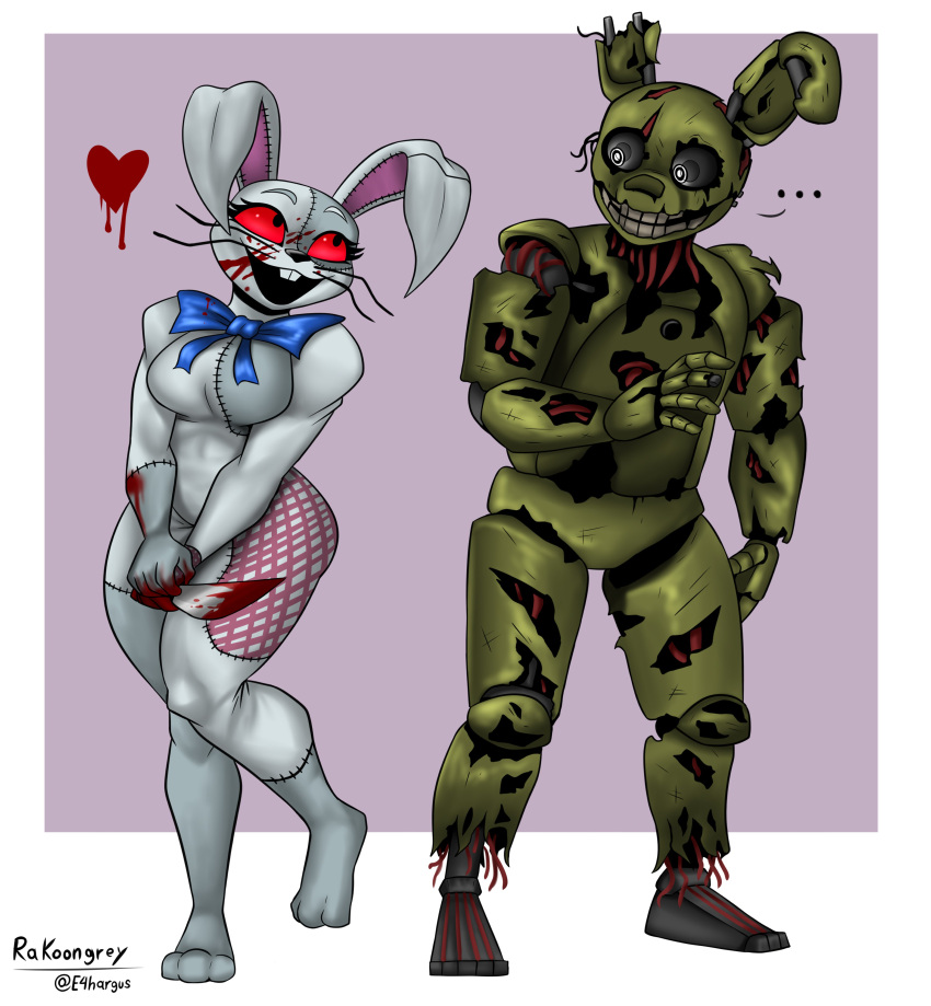 &lt;3 ... 2021 absurd_res animatronic anthro big_breasts blood blood_on_knife blue_bow_tie bodily_fluids bow_tie breasts broken clothing costume creepy_smile curvy_figure duo e4hargus exposed_endoskeleton female five_nights_at_freddy's five_nights_at_freddy's:_security_breach fursuit green_body hi_res human humanoid_hands knife lagomorph leporid long_ears machine male mammal patchwork_clothing rabbit red_eyes robot scottgames signature simple_background smile springtrap_(fnaf) steel_wool_studios stitch_(disambiguation) teeth thick_thighs undead vanny_(fnaf) video_games voluptuous white_costume william_afton_(fnaf) wire