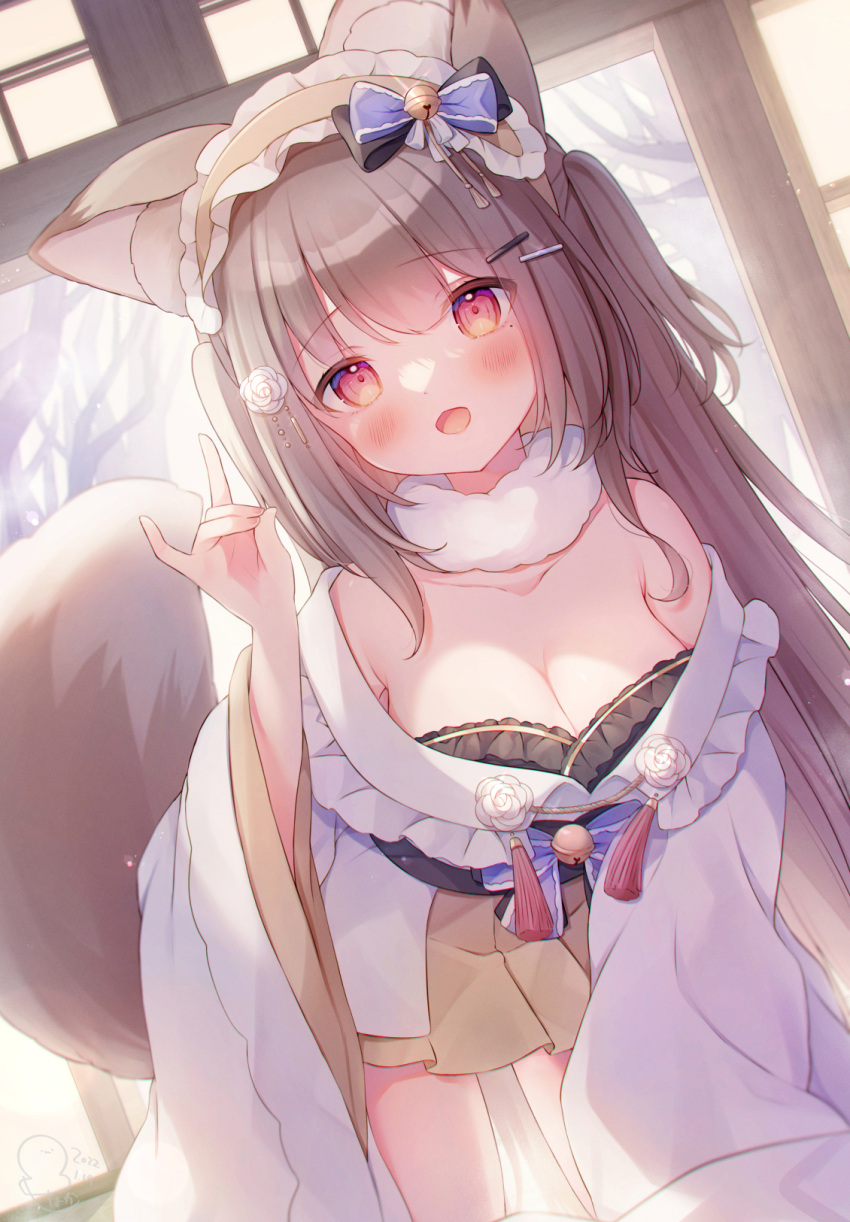 1girl animal_ears bangs bell blush bow breasts cleavage eyebrows_visible_through_hair fox_ears fox_tail hair_bell hair_bow hair_ornament hairband highres japanese_clothes kimono large_breasts light_brown_hair long_hair long_sleeves looking_at_viewer omochi_monaka open_mouth original red_eyes skirt tail wide_sleeves