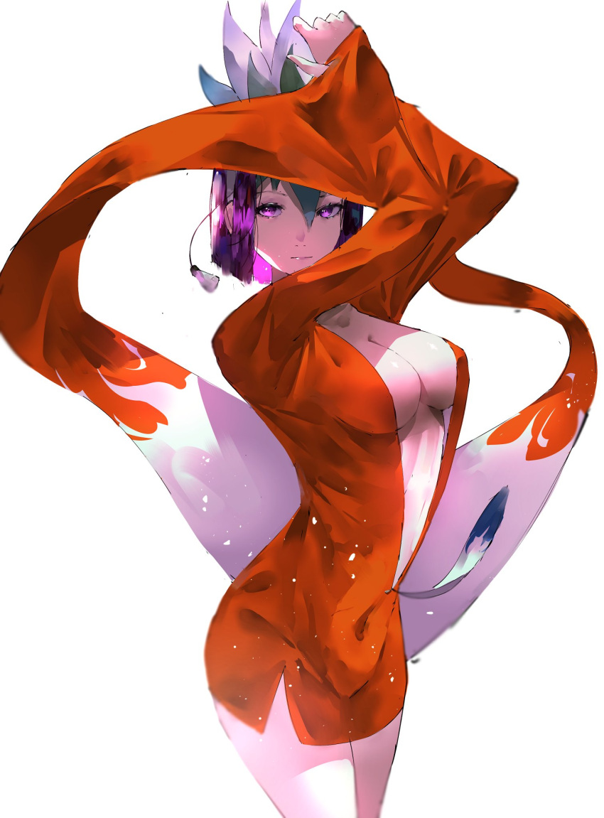 arms_up breasts center_opening cleavage collarbone covered_navel crossed_arms dress expressionless flower hair_flower hair_ornament highres kuzuryuu_amane leaning_forward looking_at_viewer medium_breasts megami_ibunroku_devil_survivor orange_dress purple_eyes purple_hair sinkoart sleeves_past_wrists symbol-only_commentary white_background