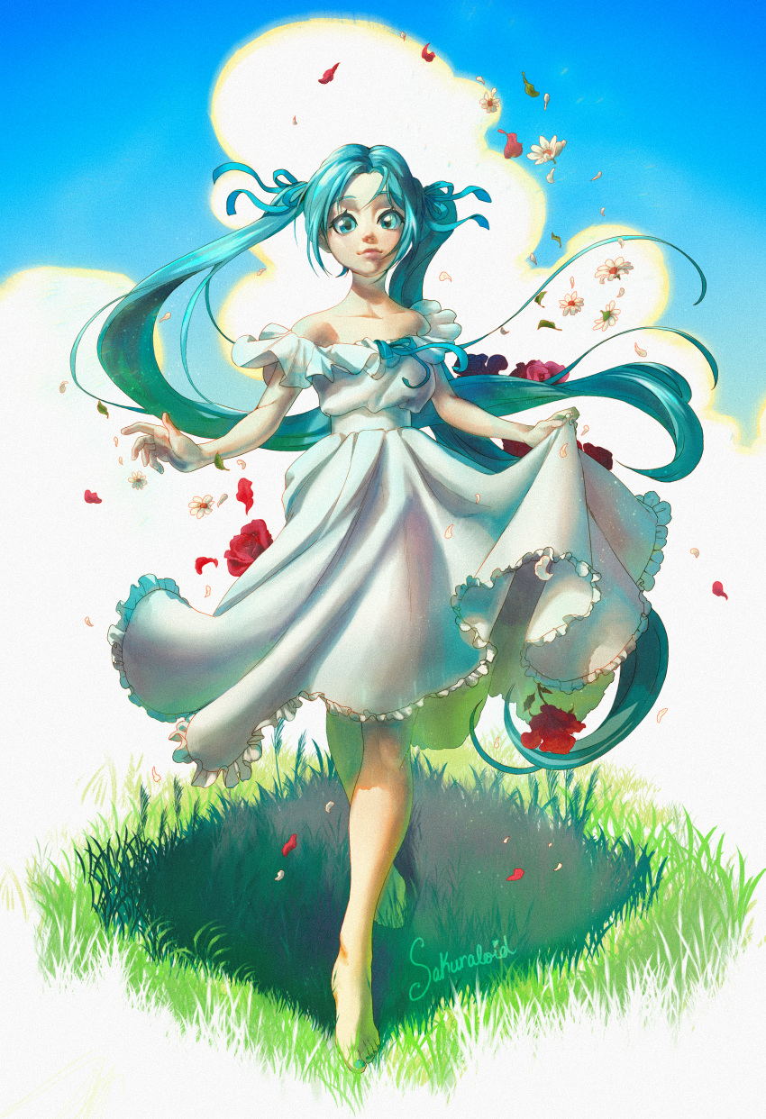 1girl absurdres aqua_eyes aqua_hair bangs bare_shoulders barefoot blue_eyes blue_sky bow cloud cloudy_sky daisy day dress edwin-kun flower frills full_body grass hair_ribbon hatsune_miku highres long_hair looking_at_viewer nail_polish outdoors project_diva project_diva_(series) project_diva_f_2nd project_diva_x ribbon rose simple_background sky smile solo standing twintails very_long_hair vocaloid white_dress