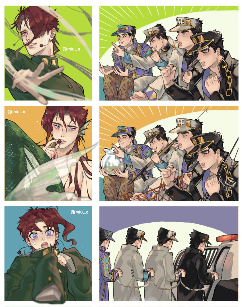 6+boys age_regression akira_yoru arrest black_hair car cherry child diamond_wa_kudakenai fishbowl fishing_rod food fruit gaijin_4koma_(meme) gakuran ground_vehicle hat highres jojo_no_kimyou_na_bouken kakyoin_noriaki kujo_jotaro meme merman monster_boy motor_vehicle multiple_boys multiple_persona oversized_clothes parody pedophile police_car purple_eyes red_hair school_uniform stardust_crusaders stone_ocean vento_aureo younger