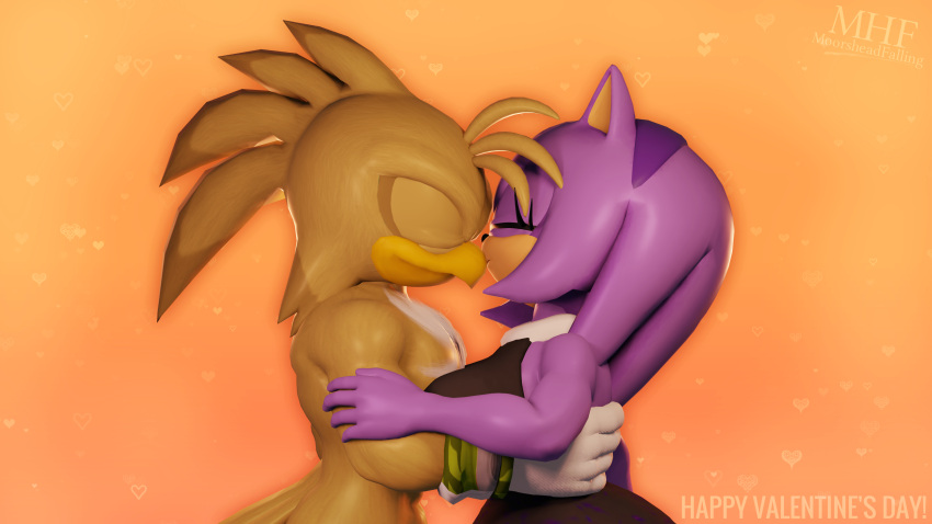 3d_(artwork) absurd_res anthro avian beak digital_media_(artwork) embrace eulipotyphlan fan_character female hedgehog hi_res holidays hug kissing male mammal moorsheadfalling sega sonic_the_hedgehog_(series) valentine's_day