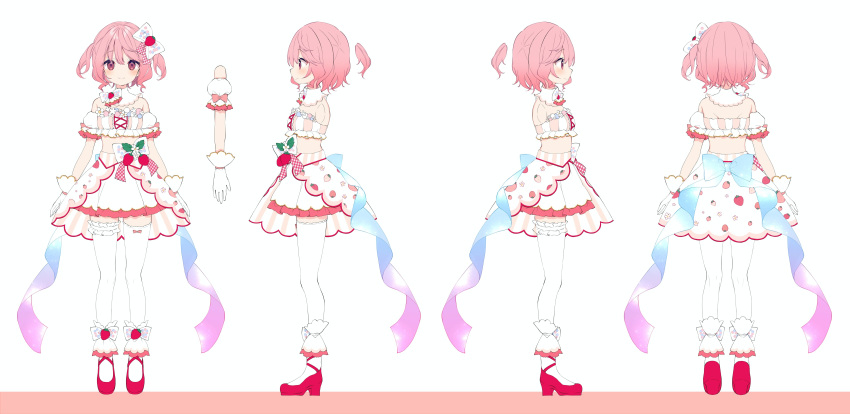 1girl absurdres ana_(rznuscrf) bangs bare_shoulders character_sheet closed_mouth food frills from_behind from_side fruit full_body gloves hair_ornament highres indie_virtual_youtuber maisaki_berry medium_hair pink_hair red_footwear strawberry thighhighs two_side_up white_background white_gloves