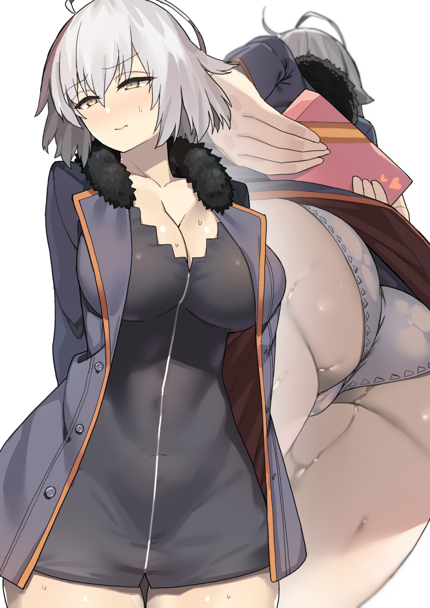 1girl arms_behind_back ass bangs black_dress blue_coat box breasts cleavage coat collarbone dress fate/grand_order fate_(series) fur-trimmed_coat fur_trim gift gift_box highres jeanne_d'arc_(alter)_(fate) jeanne_d'arc_(fate) large_breasts long_sleeves looking_at_viewer multiple_views open_clothes open_coat panties shayoo short_dress short_hair silver_hair thighs underwear upskirt valentine white_panties wicked_dragon_witch_ver._shinjuku_1999 yellow_eyes