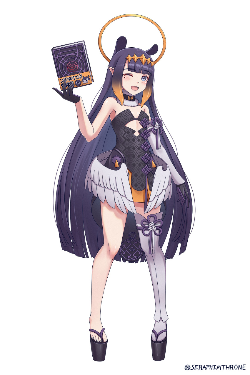 1girl :d absurdres artist_name bangs black_gloves book dress flip-flops full_body gloves halo highres holding holding_book hololive hololive_english long_hair looking_at_viewer mole mole_under_eye monster_girl ninomae_ina'nis one_eye_closed open_mouth pointy_ears purple_dress purple_eyes purple_hair sandals scylla seraphim_throne simple_background single_sleeve single_thighhigh smile solo strapless strapless_dress thighhighs toes virtual_youtuber white_background white_legwear white_sleeves