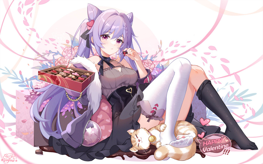 1girl black_skirt blush box box_of_chocolates bracelet breasts cat chocolate eyebrows_visible_through_hair flower food full_body fur-trimmed_jacket fur_trim genshin_impact gou_lianlian_dogface grey_shirt high-waist_skirt highres holding holding_box holding_chocolate holding_food incoming_food jacket jewelry keqing_(genshin_impact) knees_up long_hair long_sleeves medium_breasts open_clothes open_jacket pink_eyes pink_flower purple_hair shirt sitting skirt solo