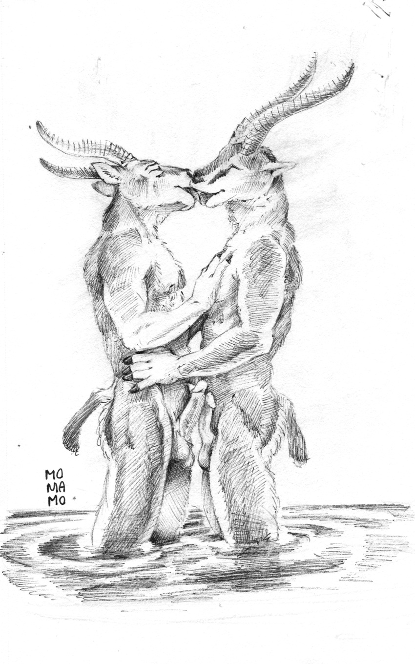 2021 absurd_res antelope anthro balls bovid duo erection frottage fur gazelle genitals hand_on_chest hand_on_hip hi_res horn kissing male male/male mammal momamo nude open_mouth sex simple_background smile thomson's_gazelle tongue traditional_media_(artwork) true_antelope