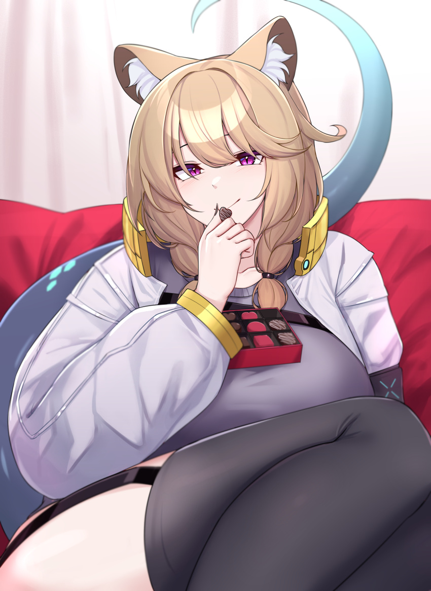 1girl absurdres animal_ear_fluff animal_ears arknights bangs black_legwear blonde_hair blush box box_of_chocolates braid breasts closed_mouth commentary eyebrows_behind_hair food garter_straps grey_sweater highres holding holding_food huge_breasts jacket kanta_(kanta_077) knees_up long_hair long_sleeves looking_at_viewer open_clothes open_jacket purple_eyes sitting smile solo sweater tail thighhighs twin_braids utage_(arknights) valentine white_jacket