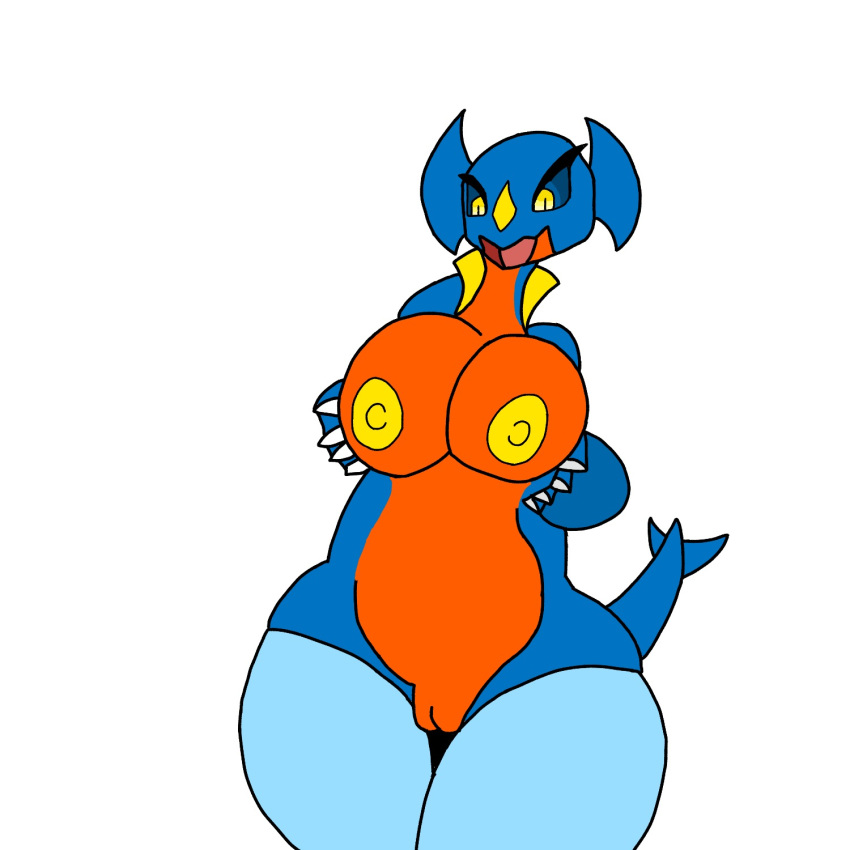 anthro breasts claws clothed clothing digital_media_(artwork) dragon female garchomp ginger_(r-mk) hi_res interspecies nintendo nipples open_mouth pok&eacute;mon pok&eacute;mon_(species) pok&eacute;philia scalie simple_background smile solo thick_thighs video_games zarbydafurry