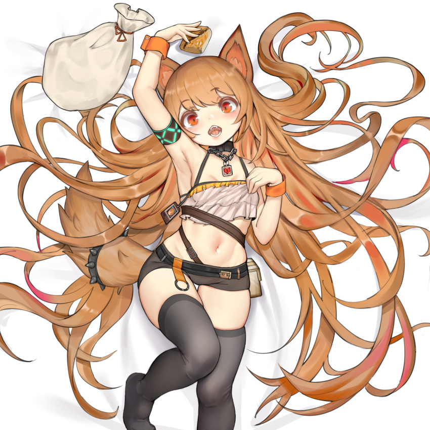 1girl absurdres animal_ears arknights arm_up armband armpits bag bangs bare_arms bare_shoulders black_choker black_legwear black_shorts blush brown_hair camisole ceobe_(arknights) choker crop_top dog_ears dog_tail eyebrows_visible_through_hair food head_tilt highres infection_monitor_(arknights) kuroshiroemaki long_hair looking_at_viewer micro_shorts midriff navel no_shoes open_mouth pouch red_eyes shorts solo stomach tail thighhighs thighs very_long_hair younger