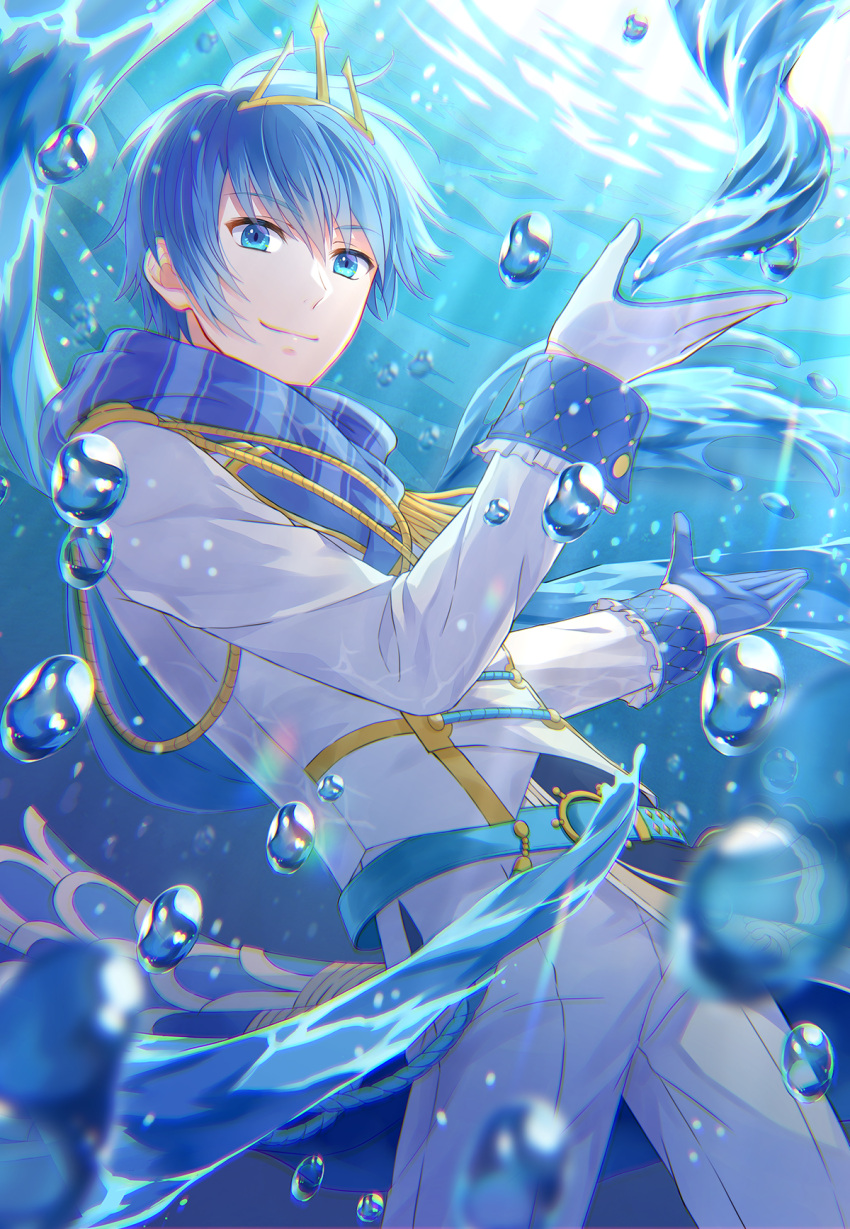 1boy aiguillette air_bubble azaka_(pipponao) belt blue_eyes blue_gloves blue_hair blue_scarf blurry blurry_foreground bubble buttons commentary double-breasted gloves hands_up highres jacket kaito_(vocaloid) magical_mirai_(vocaloid) male_focus pants rainbow scale_print scarf smile solo submerged sunlight underwater uniform vocaloid white_gloves white_jacket white_pants