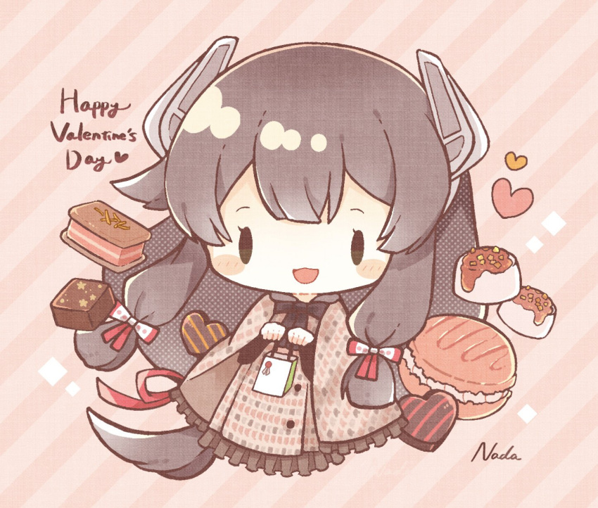 1girl artist_name bag black_hair blush_stickers candy chocolate diagonal_stripes food full_body gift_bag green_eyes happy_valentine headgear heart heart-shaped_chocolate highres holding holding_bag i-47_(kancolle) kantai_collection long_hair low-tied_long_hair macaron nada_namie official_alternate_costume open_mouth sidelocks signature smile solo striped striped_background valentine