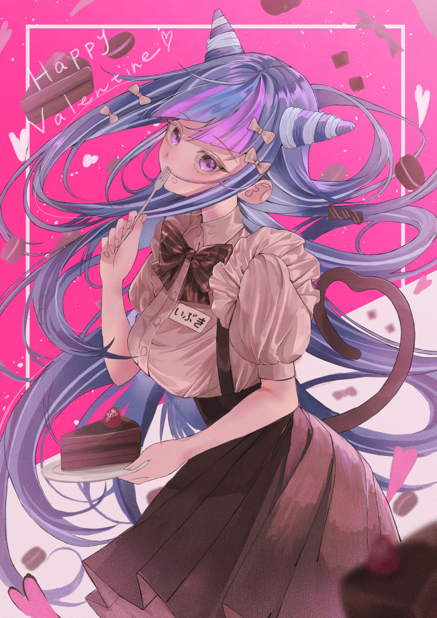 1girl absurdres alternate_costume bangs black_hair black_skirt bow breasts cake cat_tail collared_shirt danganronpa_(series) danganronpa_2:_goodbye_despair enmaided eyebrows_visible_through_hair food from_side green_hair grey_shirt hair_bow hair_horns happy_valentine heart highres holding holding_plate large_breasts long_hair looking_at_viewer maid mioda_ibuki pink_background pink_eyes pink_hair plate pleated_skirt puffy_short_sleeves puffy_sleeves red_bow shiny shiny_hair shirt short_sleeves skirt solo tail translation_request uminekohigurasinonakukoroni valentine white_background white_hair