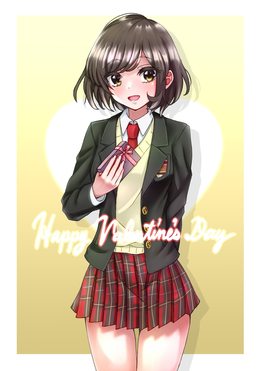 1girl absurdres bangs bickle_(bickle1983) blazer blush bob_cut border box brown_eyes brown_hair brown_jacket commentary eyebrows_visible_through_hair gift happy_valentine heart highres holding holding_gift jacket necktie open_clothes open_jacket plaid plaid_skirt pocket red_necktie red_skirt sasaki_(suzumiya_haruhi) shirt short_hair skirt solo standing suzumiya_haruhi_no_yuuutsu sweater_vest thighs valentine vest white_background white_border white_shirt yellow_background yellow_vest