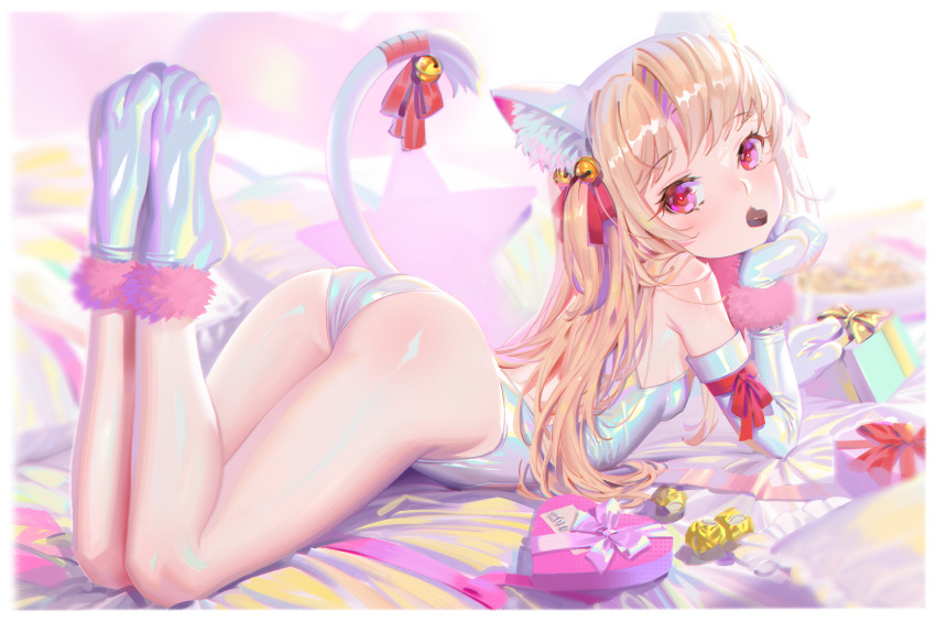 1girl alphonse_(white_datura) animal_ears ass bed_sheet bell blonde_hair box candy cat_ears cat_girl cat_tail chocolate elbow_gloves fate/kaleid_liner_prisma_illya fate_(series) food from_behind gloves heart heart-shaped_box heart-shaped_chocolate highres illyasviel_von_einzbern jingle_bell looking_at_viewer looking_back mouth_hold on_bed pillow red_eyes shiny shiny_skin solo tail valentine