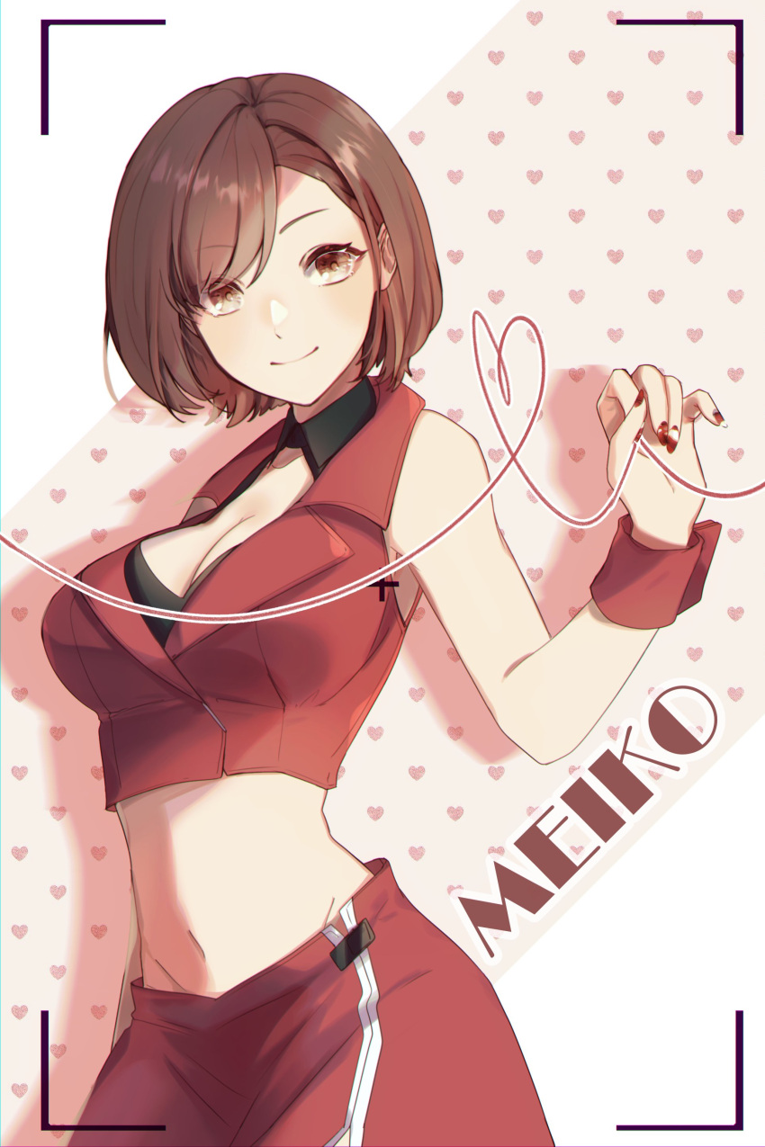 1girl absurdres brown_eyes brown_hair crop_top highres meiko meiko_(vocaloid3) midriff miniskirt short_hair skirt sleeveless smile solo valentine vocaloid wrist_cuffs yen-mi