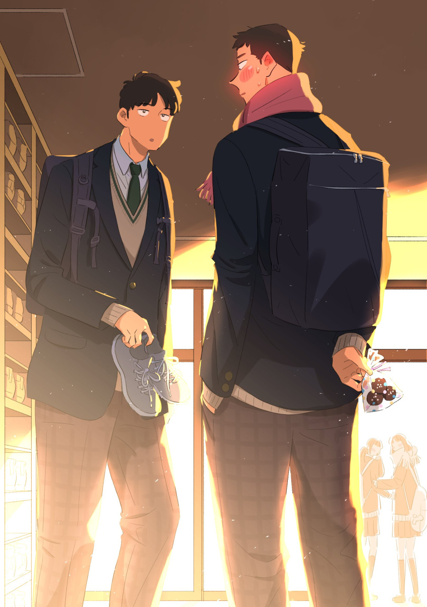 2boys a_kahachi backpack bag behind_back blush chocolate commentary ear_blush hand_in_pocket happy_valentine highres holding holding_shoes looking_at_another looking_away male_focus multiple_boys necktie original plastic_bag scarf school_uniform shoes skirt sweater tall valentine winter_uniform yaoi